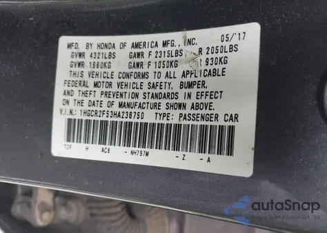 2017 Honda Accord Sport from USA, damaged, VIN 1HGCR2F53HA236750